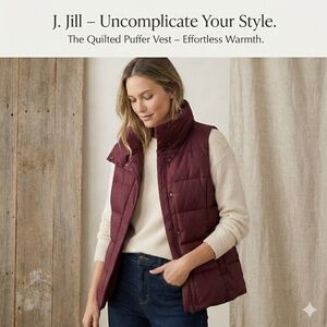 J.Jill Down Puffer Vest Cowl Neck Quilted Burgundy Large